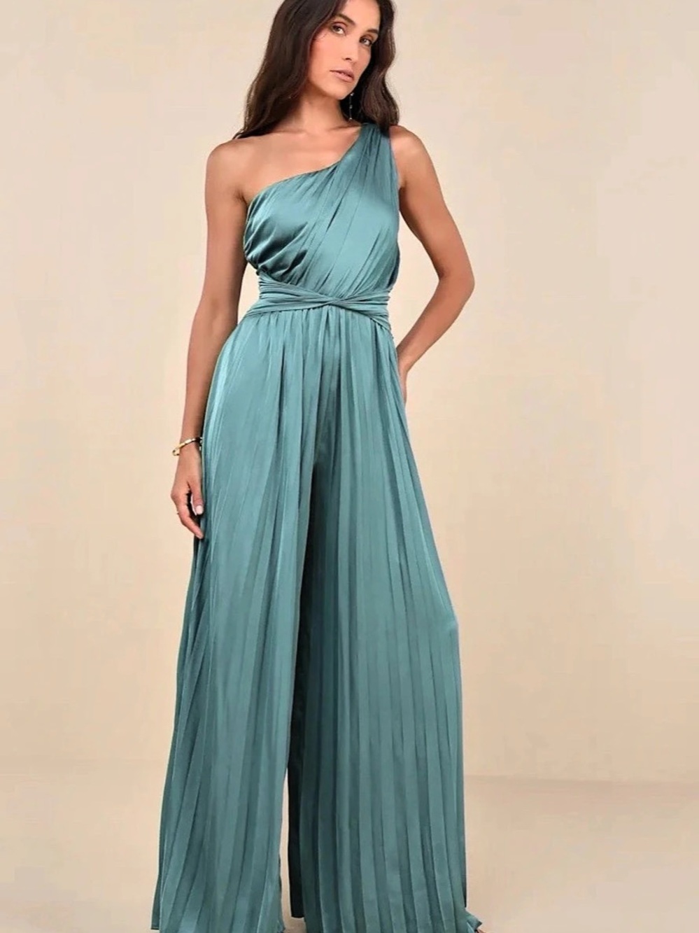 Lulus Exquisite Always Dark Sage Pleated Satin One-Shoulder Jumpsuit